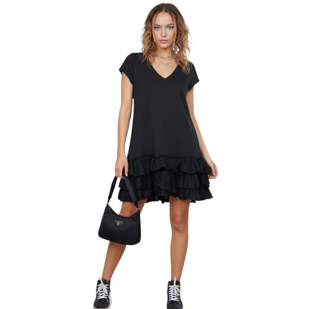 Juicy Couture Vintage NEW Ruffle Hem Cotton Shirt Dress T Tunic V Black Light L